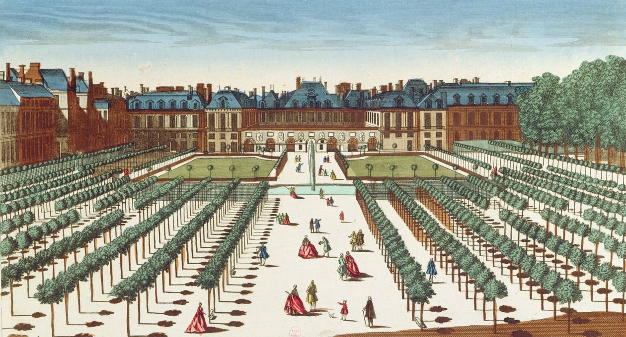Vista em perspectiva do Palais Royal dos jardins de French School