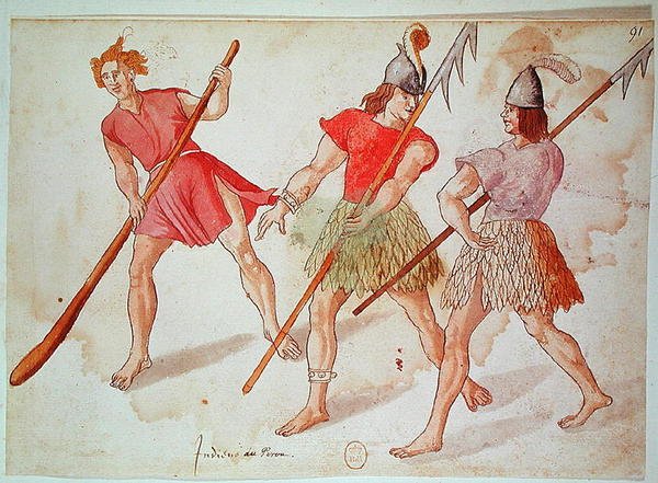 Índios peruanos, 1572 (caneta e tinta e wc sobre papel) de French School