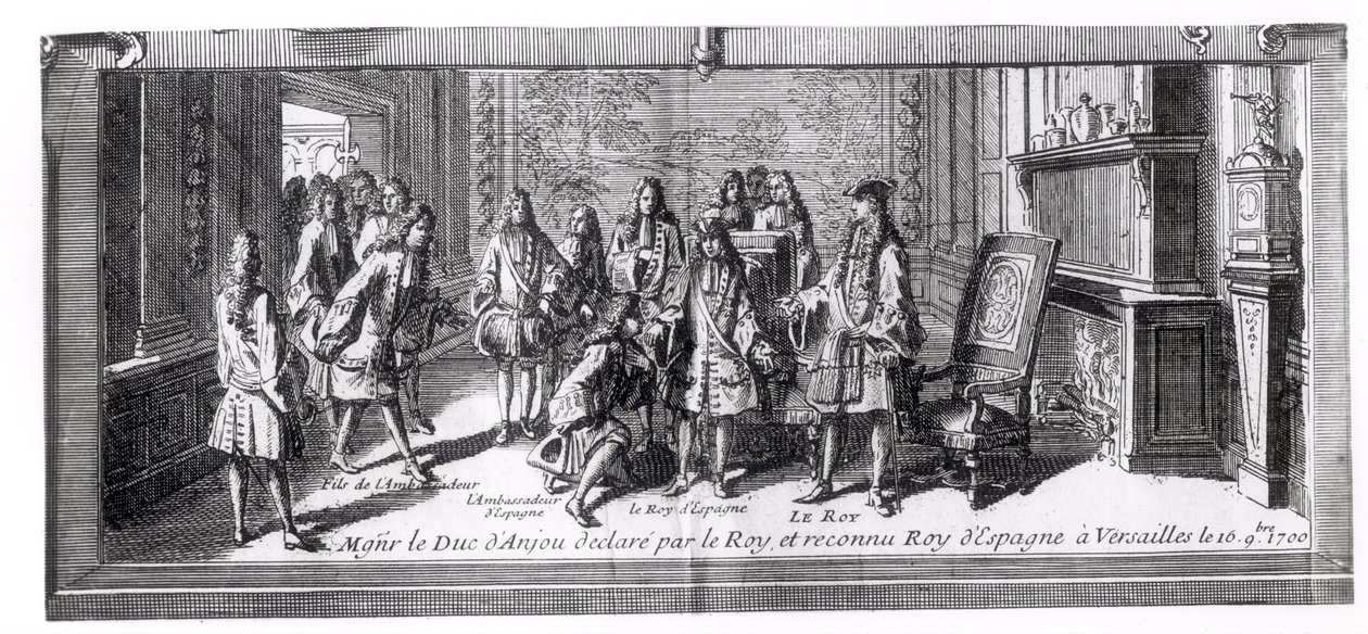 Filipe de França (1683-1746) Duque de Anjou, reconhecido como rei de Espanha por Luís XIV (1638-1715), rei da França, em 16 de setembro de 1700, em Versalhes de French School