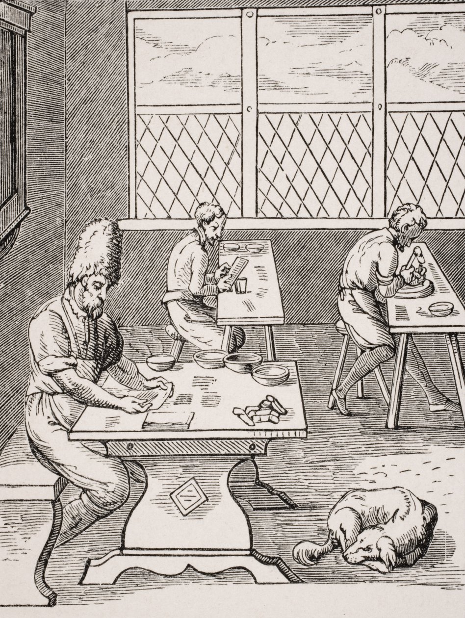 Pin and Needle Maker, reprodução de uma xilogravura de Jost Amman (1539-91) de &39;Le Moyen Age et La Renaissance&39;, de Paul Lacroix (1806-84), publicada em 1847 de French School