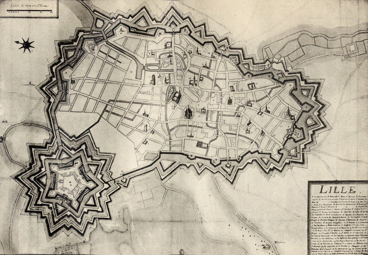 Mapa e fortificações de Lille por volta de 1670, de "Memórias de Charles de Batz-Castelmore Conde d&39;Artagnan", publicado em 1928 de French School