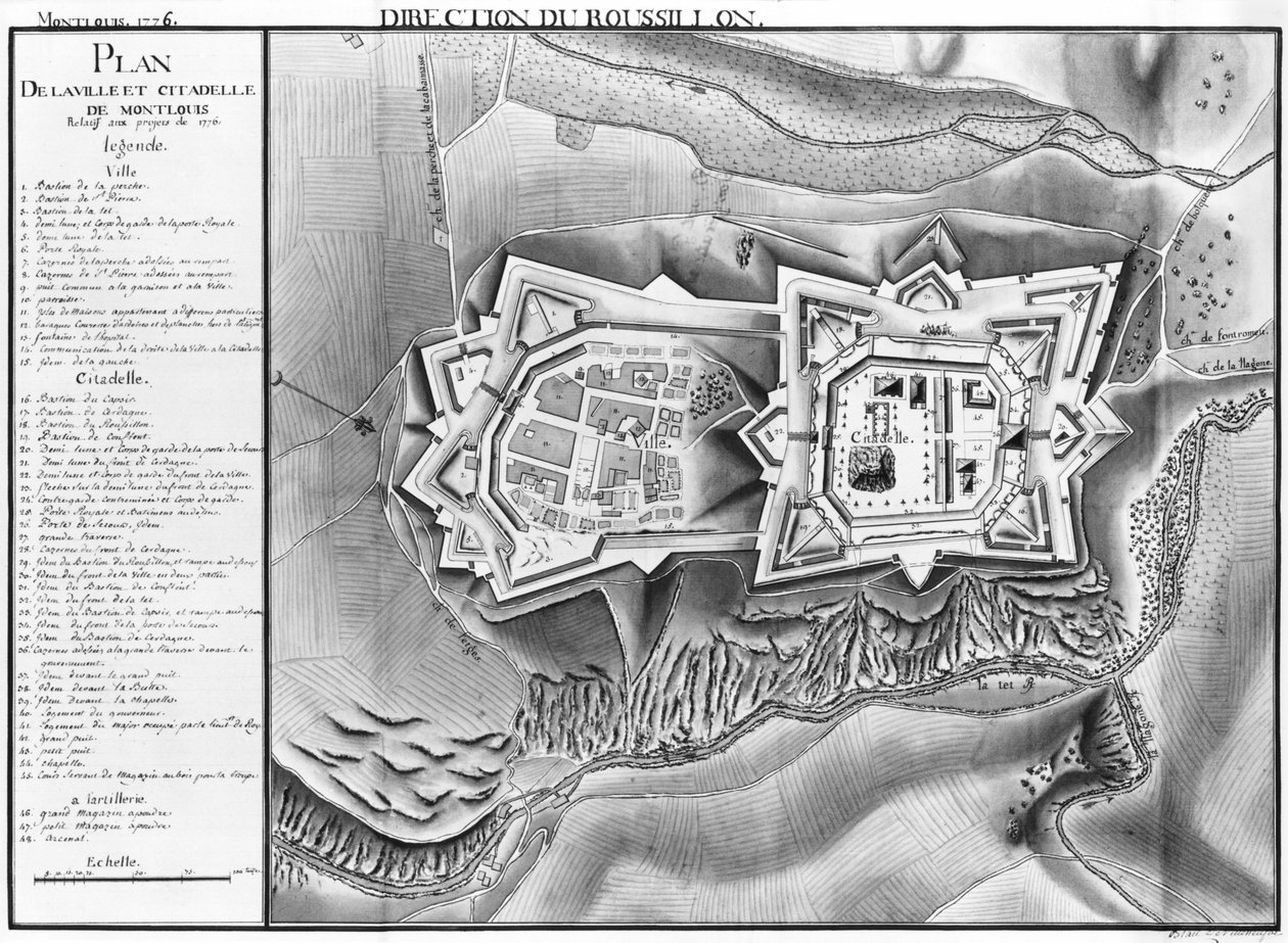 Plano e mapa da cidade e cidadela de Mont-Louis, 1776 (lápis e wc no papel) de French School