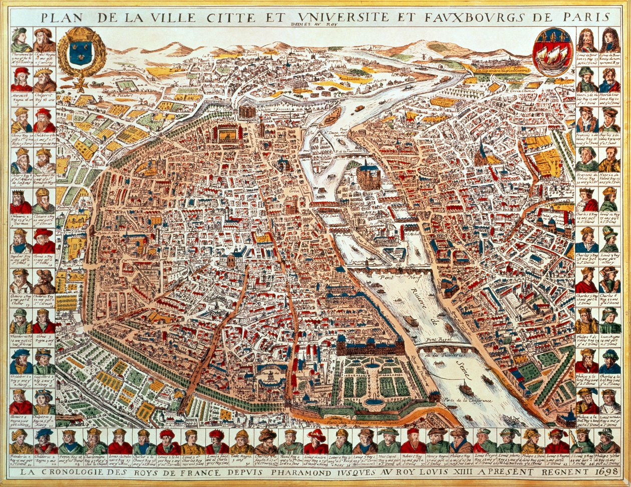 Plano de Paris, limitado por uma série cronológica de retratos dos reis da França de Pharamond a Louis XIV, 1698 (gravura colorida à mão) de French School