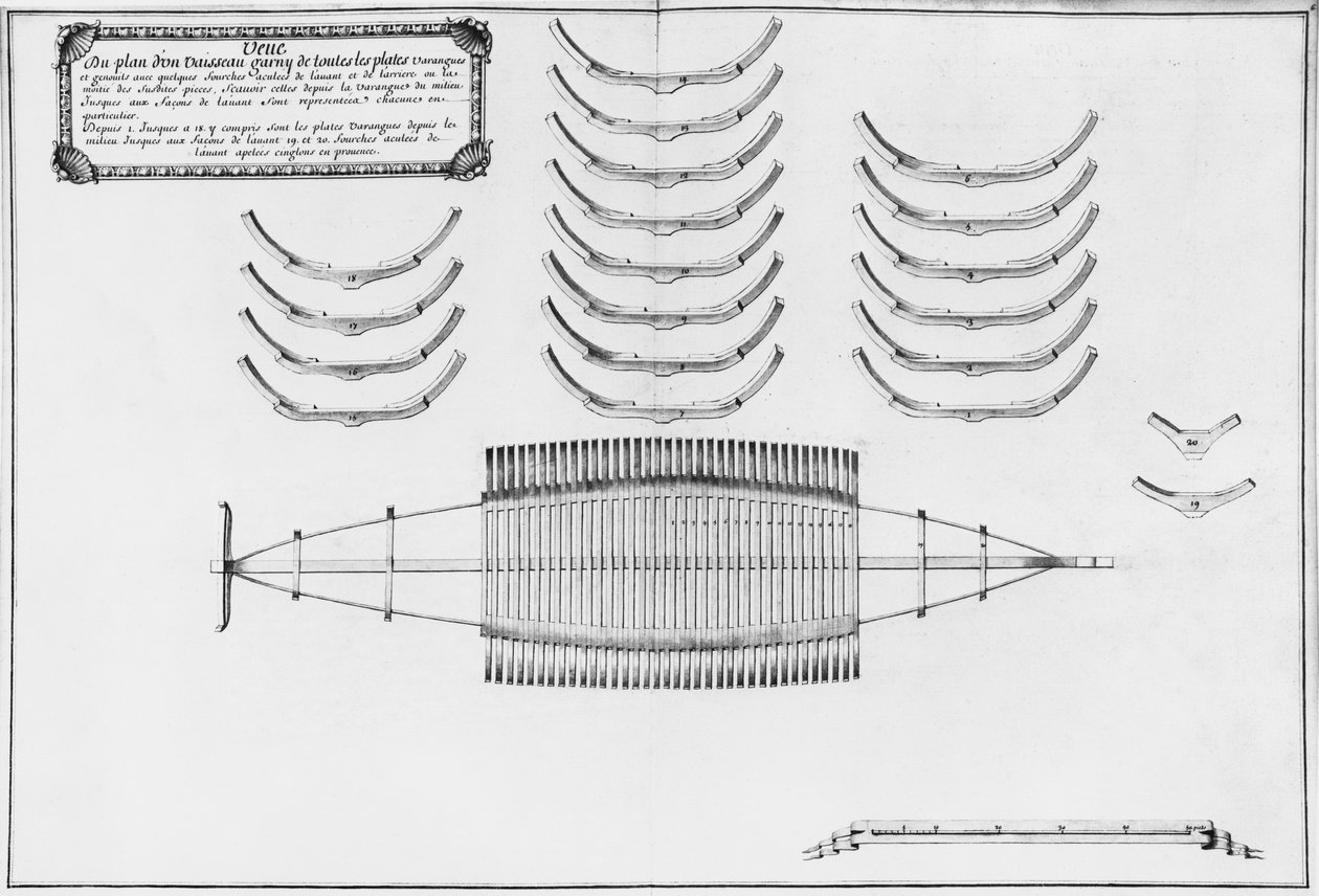 Planta de uma embarcação com todas as suas placas de piso, ilustração da placa &39;Atlas de Colbert&39;, 6 (lápis e wc no papel) de French School
