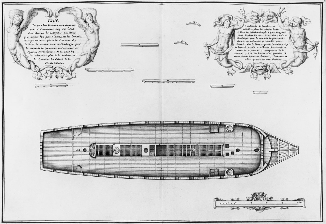 Planta de uma embarcação com um segundo convés totalmente preenchido, ilustração da placa "Atlas de Colbert", 34 (lápis e wc no papel) de French School