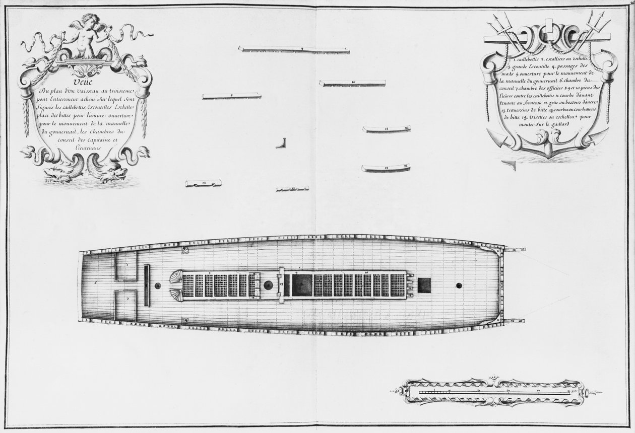 Planta de uma embarcação com terceiro convés totalmente preenchido, ilustração da placa &39;Atlas de Colbert&39;, 36 (lápis e wc no papel) de French School