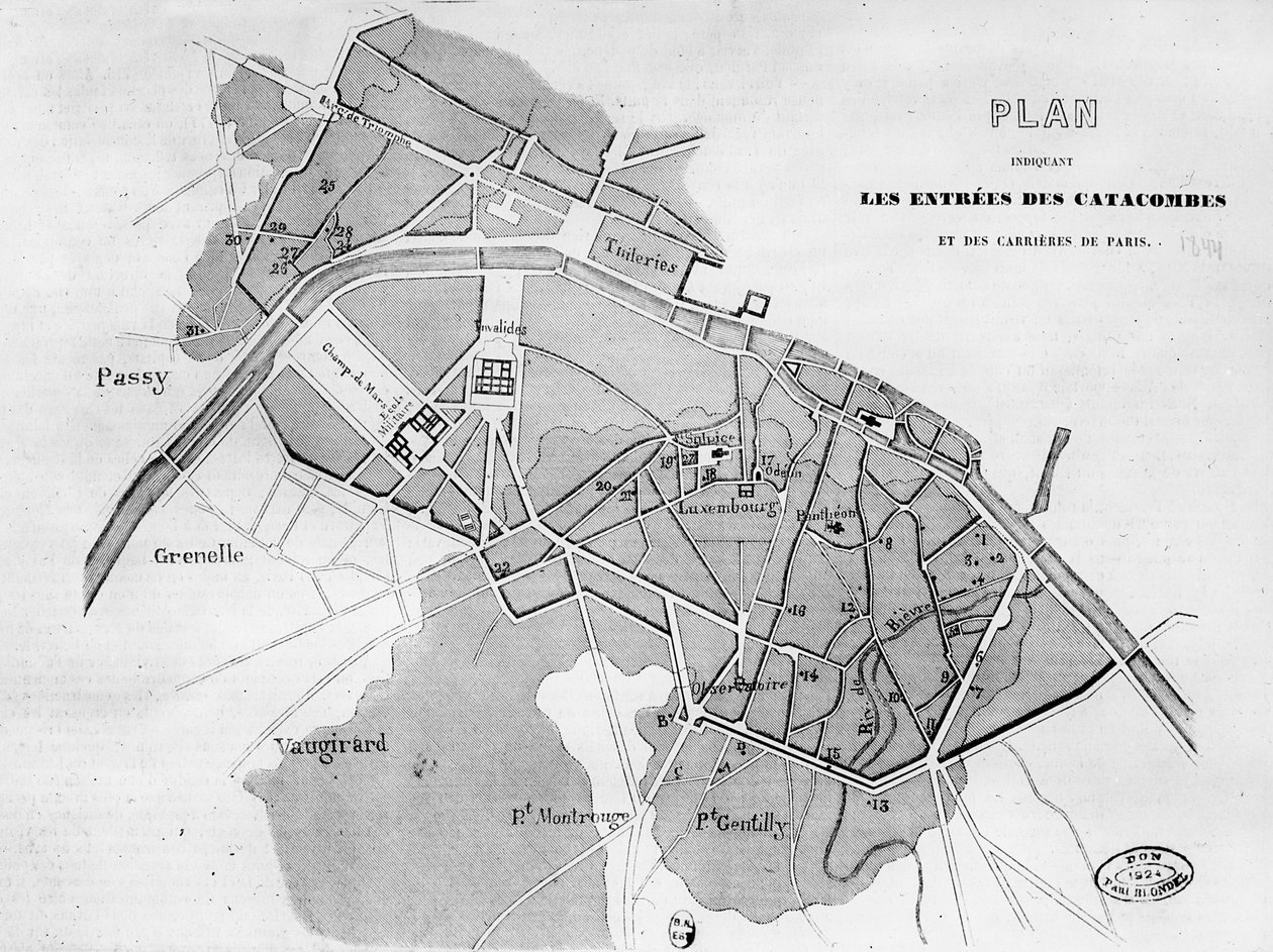 Plano das Entradas para as Catacumbas e as Pedreiras em Paris, 1844 de French School