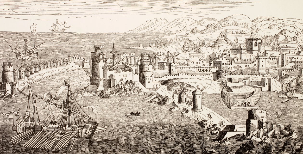 Plano da ilha de Rodes, na Grécia, no século XV, de "A vida militar e religiosa na Idade Média", de Paul Lacroix, publicado em Londres, c.1880 de French School