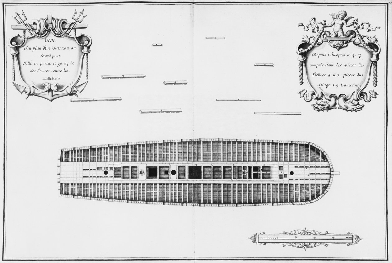 Planta do segundo convés de um navio, ilustração do "Atlas de Colbert", placa 27 (lápis e wc sobre papel) de French School