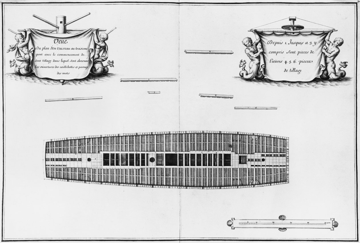 Planta do terceiro convés de um navio, ilustração do "Atlas de Colbert", placa 30 (lápis e wc no papel) de French School