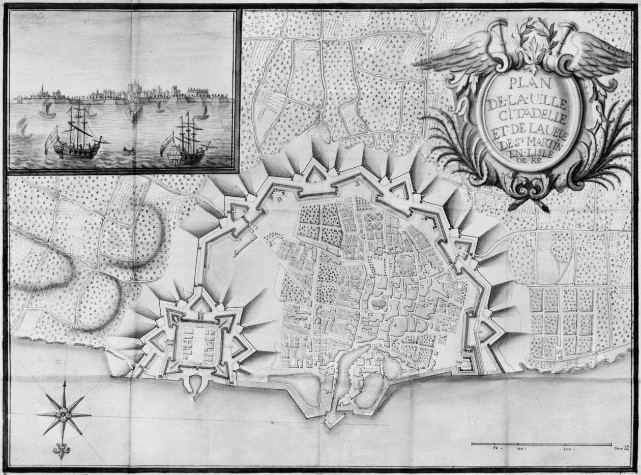 Plano da cidade e da cidadela de Saint-Martin-de-Re, Ile de Re (lápis e wc no papel) de French School