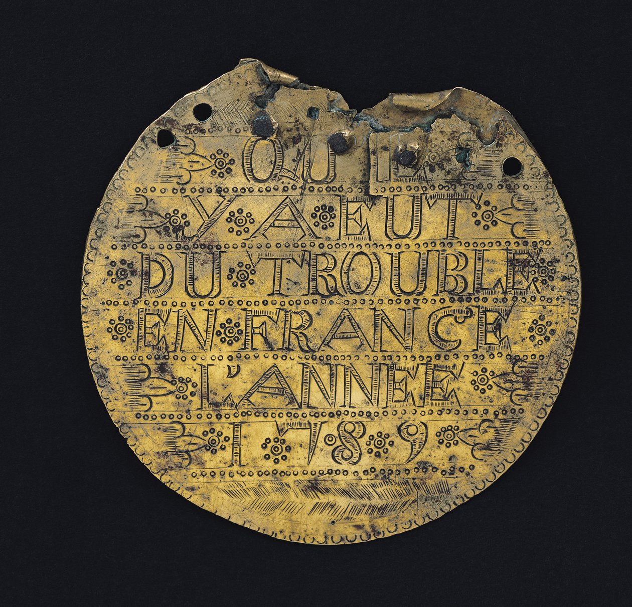 Placa com a frase "Que houve problemas na França no ano de 1789" (latão) de French School