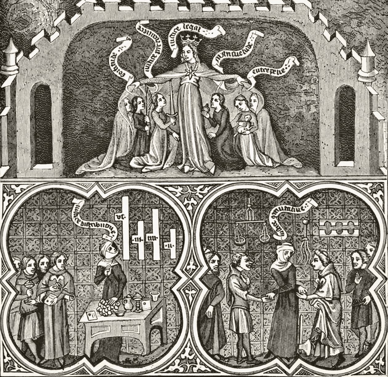 Plenário do Tribunal de Justiça de Dame, de &39;Ciência e literatura na idade média&39; por Paul Lacroix (1806-84) publicou Londres 1878 de French School