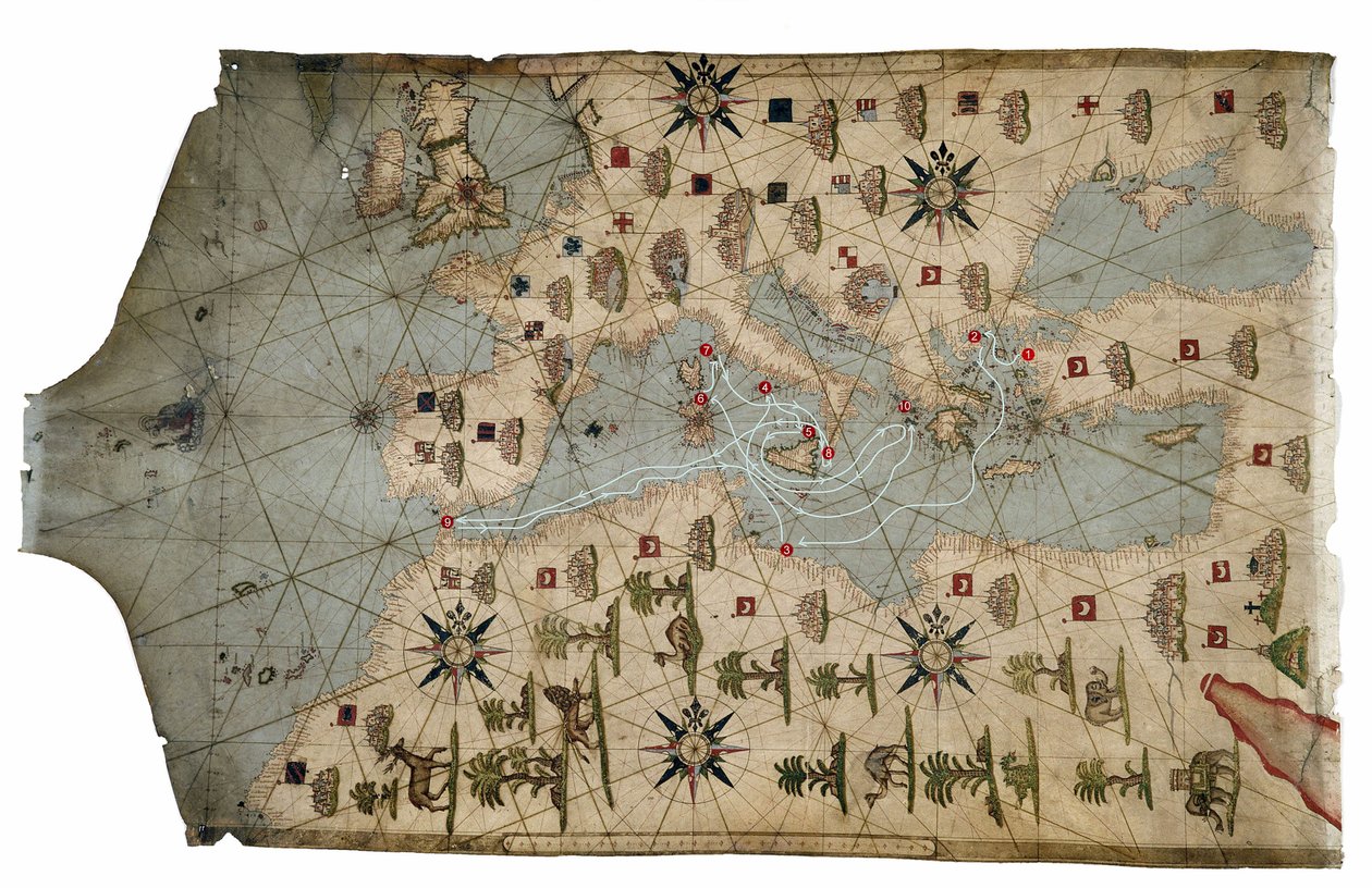 Carta portulana da costa do Mediterrâneo, descrevendo as diferentes etapas da viagem de Ulisses, como contada em Homers Odyssey, 1593 (pergaminho) de French School