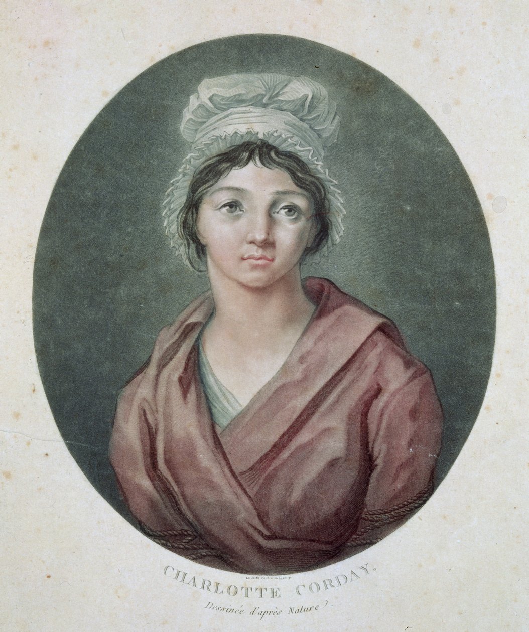 Retrato de Charlotte Corday (1768-93) depois de 1793 (aquatint) de French School