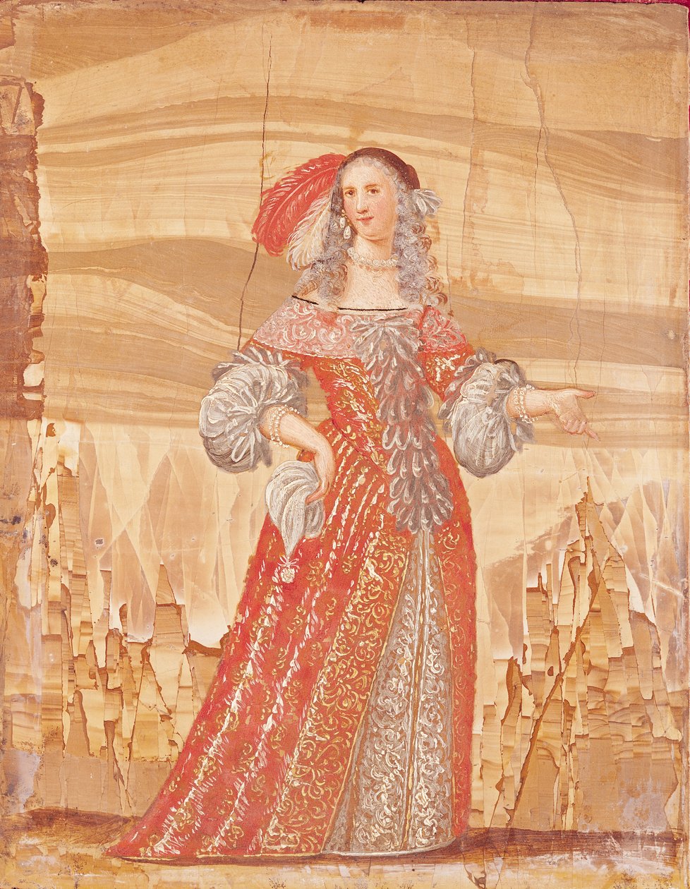 Retrato de Madeleine Bejart (1618-1672) no papel de Madelon em &39;Les Precieuses&39; de Molière ((1622-1673) depois de 1659 (pintura a óleo sobre pedra) de French School
