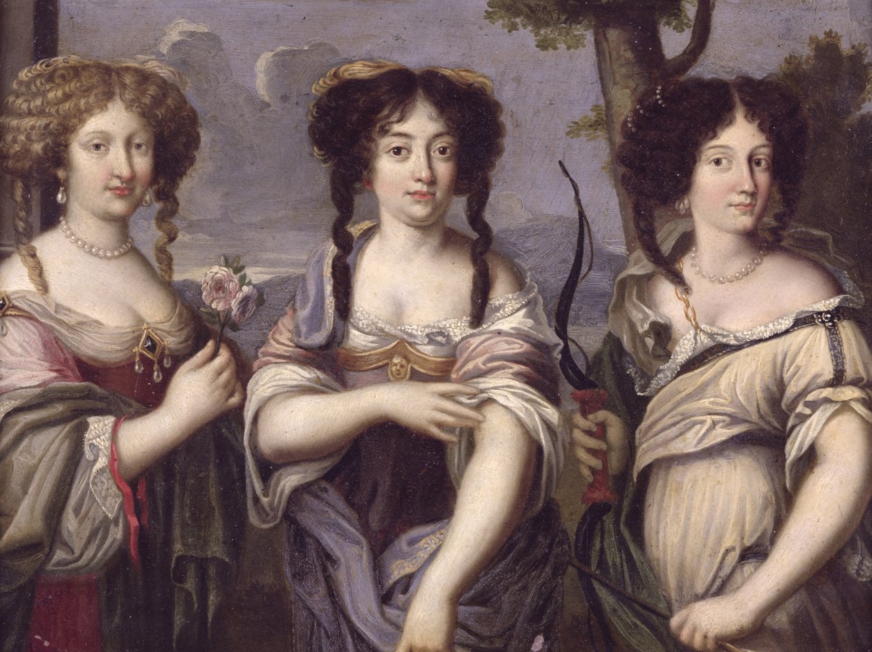 Retrato de três das sobrinhas do Cardeal Mazarin retratadas como deusas, Vênus, Juno e Diana (óleo sobre cobre) de French School