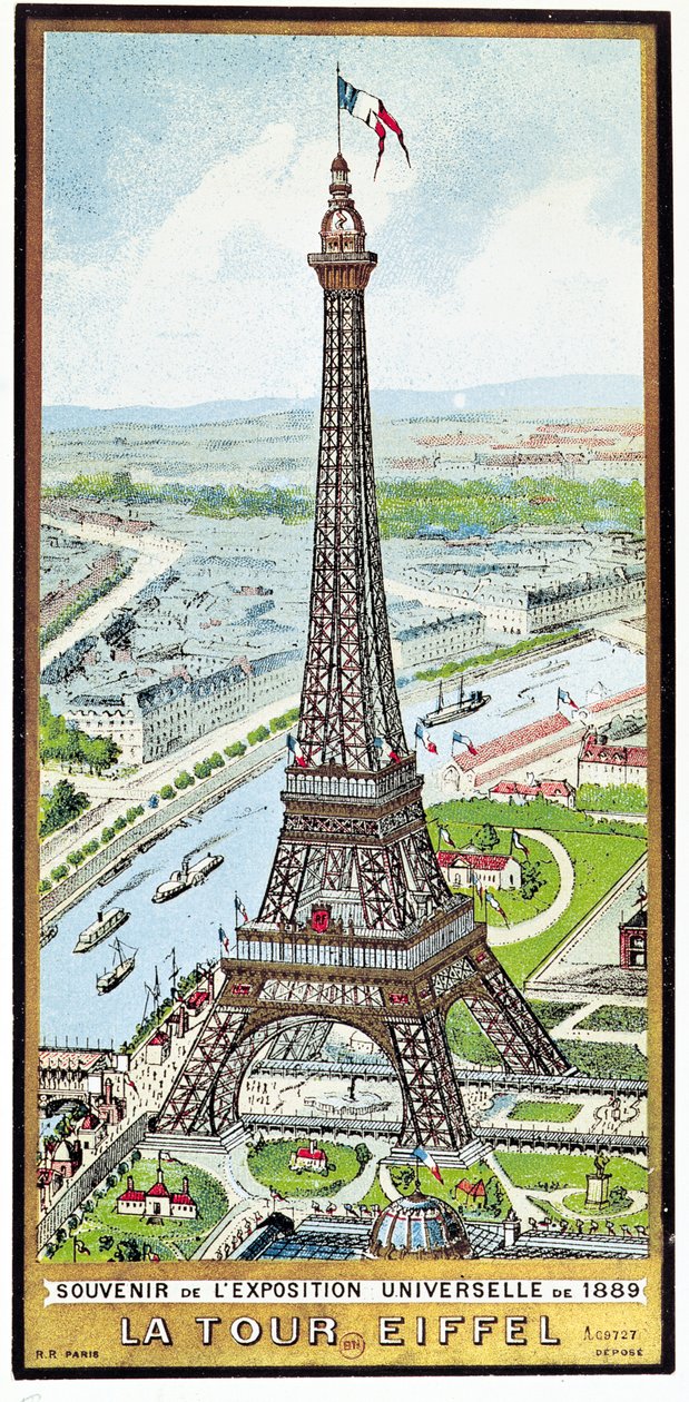 Cartão postal representando a Torre Eiffel na Exposição Universal de 1889 de French School