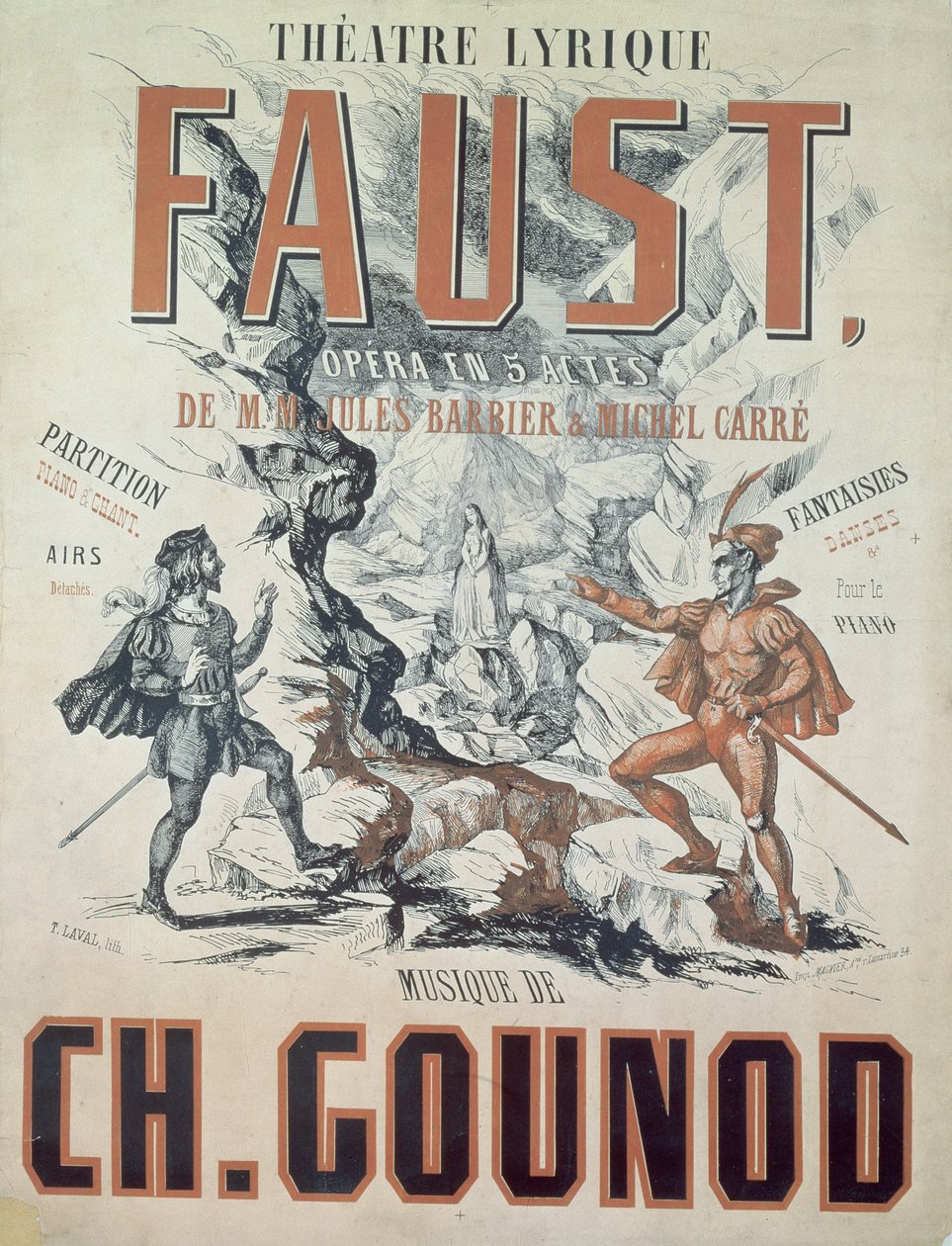 Cartaz publicitário &39;Faust&39;, ópera de Charles Gounod (1818-1893) 1875, gravada por T. Laval de French School