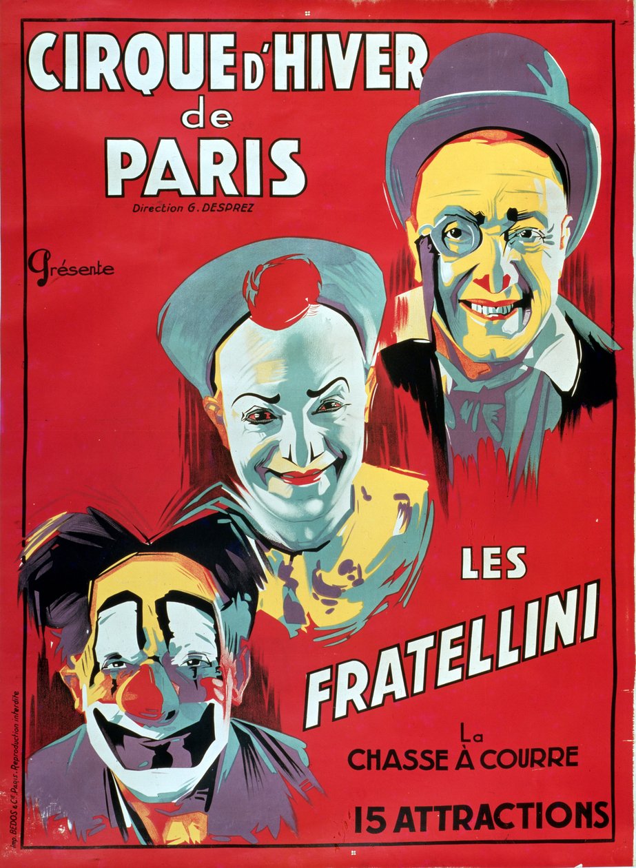 Cartaz publicitário do &39;Cirque d&39;Hiver de Paris&39; com os Palhaços Fratellini, c.1927 de French School