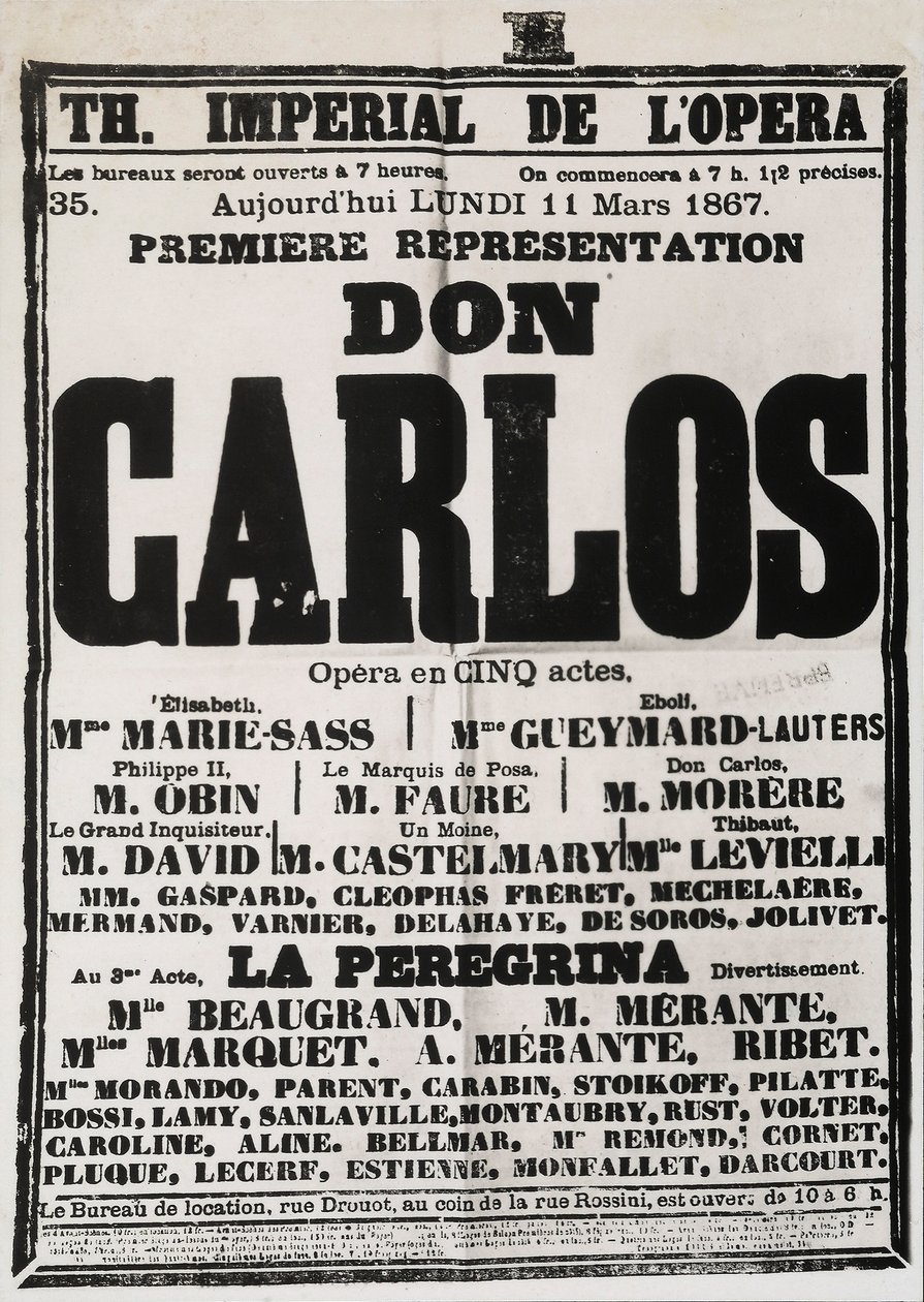 Cartaz publicitário da primeira performance de Don Carlos no Theatre Imperial de lOpera, Paris, 1867 de French School