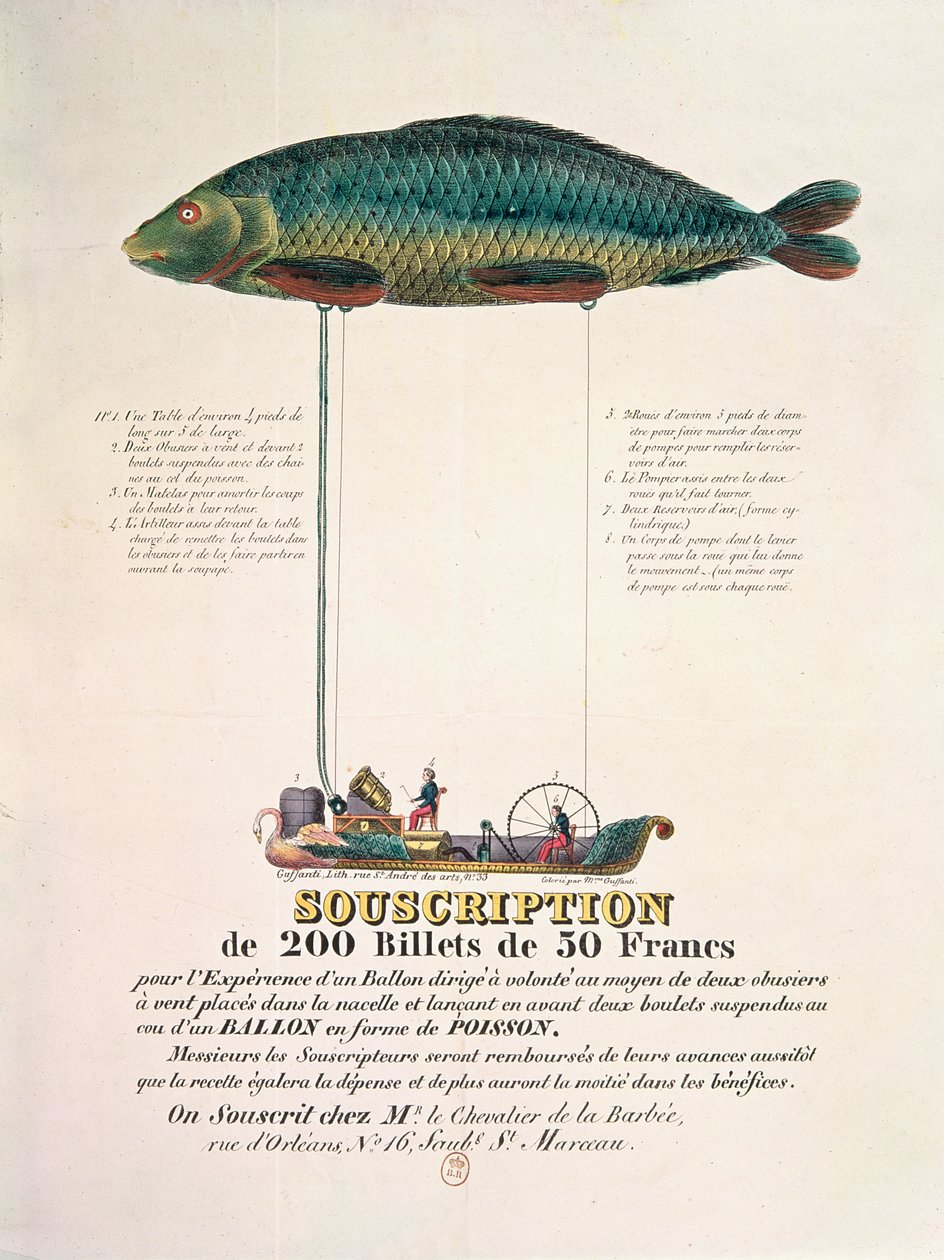 Cartaz anunciando a assinatura de um balão dirigível em forma de peixe de French School