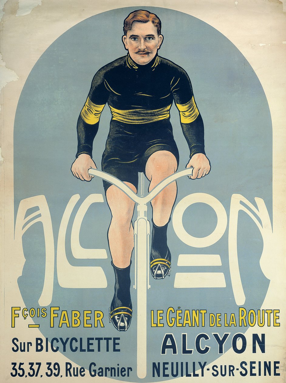 Cartaz representando Francois Faber (d.1915) em sua bicicleta Alcyon de French School
