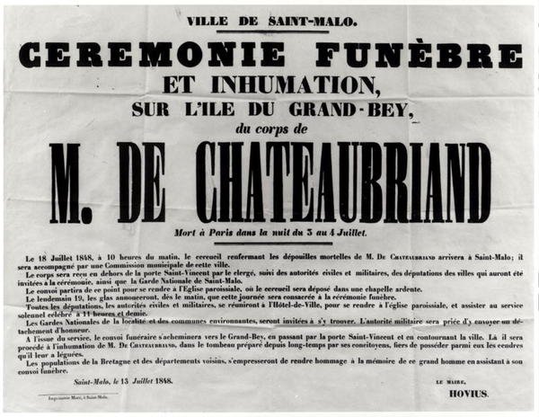 Cartaz para o funeral de François Rene de Chateaubriand (1768-1848) em St.Malo 18 de julho de 1848 (impressão) de French School