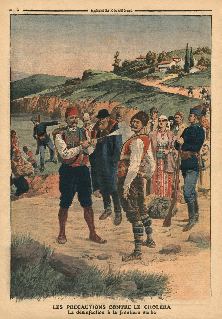 Precauções tomadas para prevenir a cólera, desinfecção na fronteira da Sérvia, ilustração de &39;Le Petit Journal&39;, 1 de janeiro de 1911 de French School