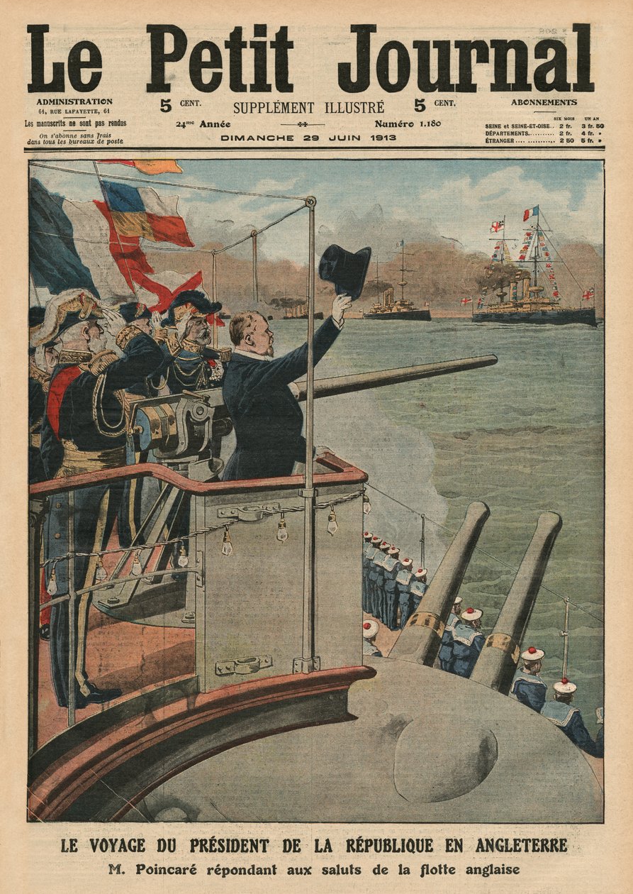 Viagem Presidencial de Raymond Poincaré à Inglaterra, ilustração da capa do &39;Le Petit Journal&39;, suplemento ilustre, 29 de junho de 1913 de French School