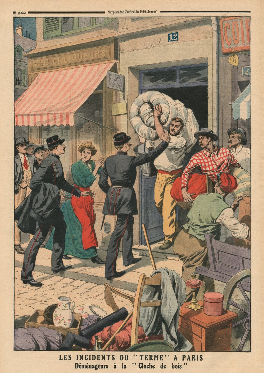 Problemas do termo em Paris, homens de remoção clandestina, ilustração de &39;Le Petit Journal&39;, suplemento ilustre, 29 de outubro de 1911 de French School