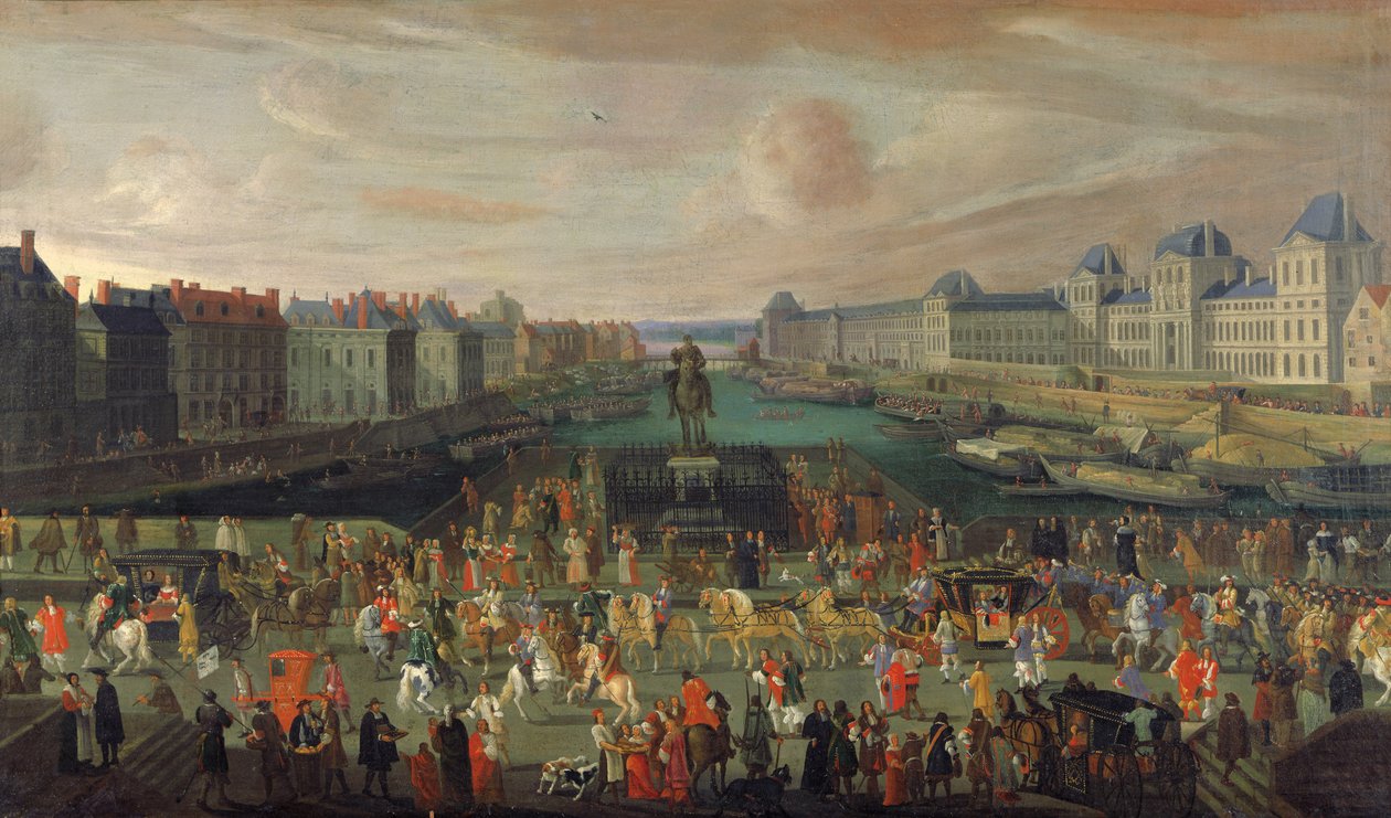 Procissão de Luís XIV (1638-1715) em toda a Pont-Neuf, 1665-69 de French School