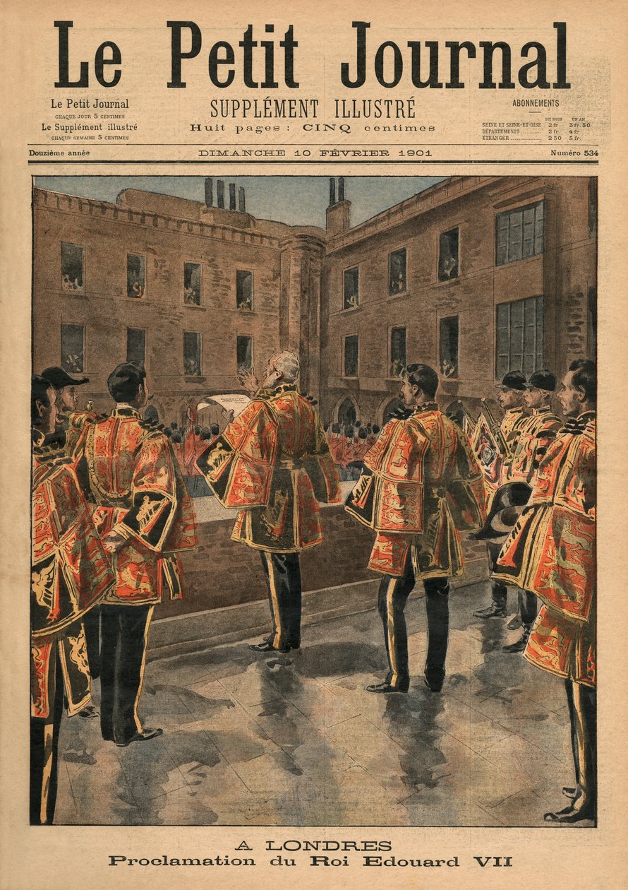Proclamação do Rei Eduardo VII, Londres, ilustração da capa do &39;Le Petit Journal&39;, suplemento ilustrado, 10 de fevereiro de 1901 de French School