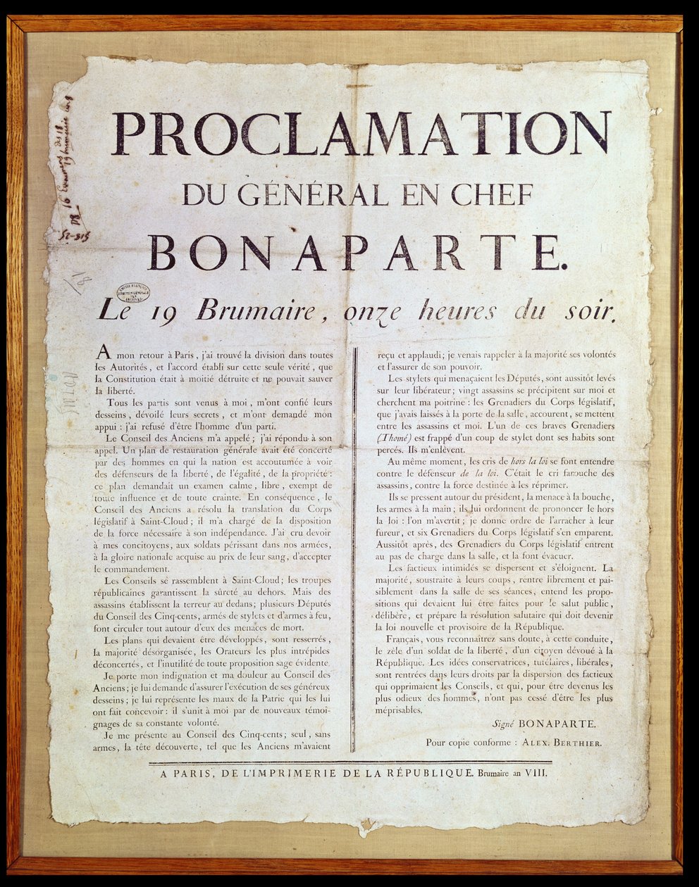 Proclamação de Napoleão I (1769-1821) 19 Brumaire An 8 (10 de novembro de 1799) de French School