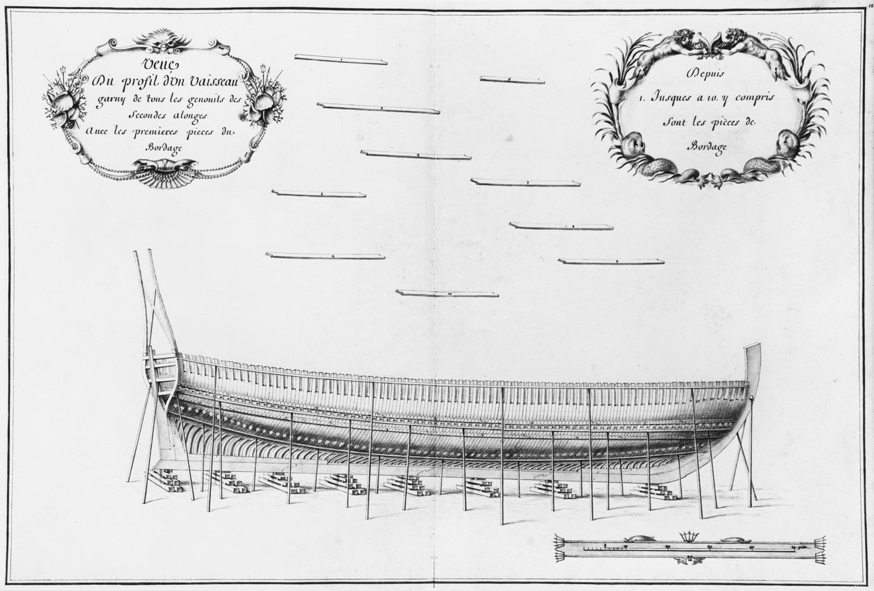 Perfil de um navio, ilustração do &39;Atlas de Colbert&39;, placa 12 (lápis e wc no papel) de French School