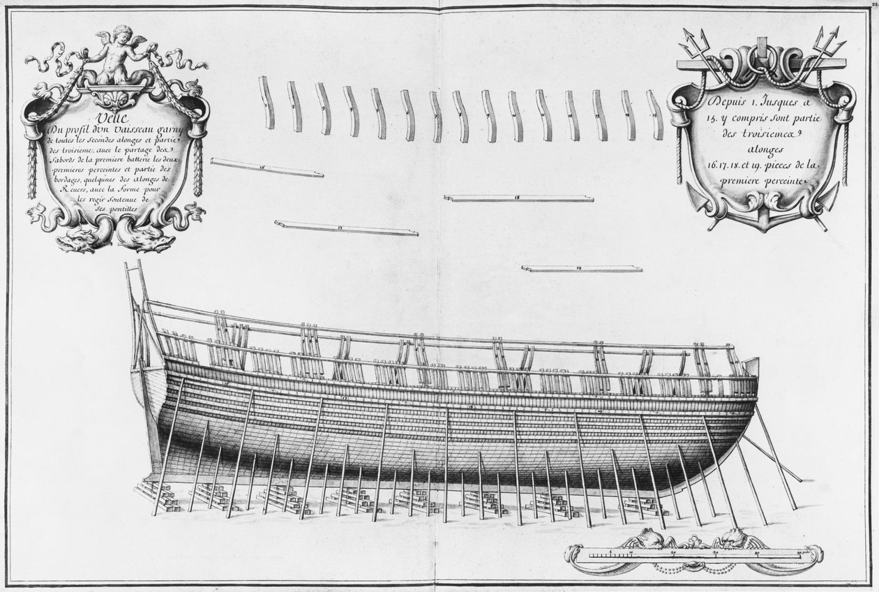 Perfil de um navio, ilustração do "Atlas de Colbert", placa 22 (lápis e wc no papel) de French School