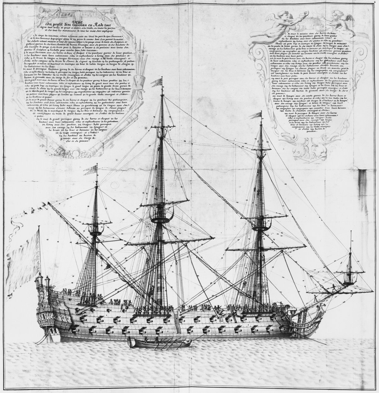 Perfil, de, um, navio, em, porto, ilustração, de, a, &39;Atlas, de, Colbert&39;, prato, 50, (pencil, e, wc, ligado, paper) de French School