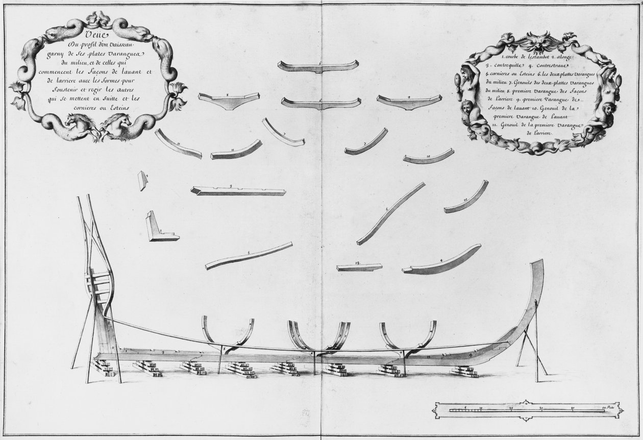 Perfil de uma embarcação com suas placas centrais, ilustração da placa &39;Atlas de Colbert&39;, 3 (lápis e wc sobre papel) de French School