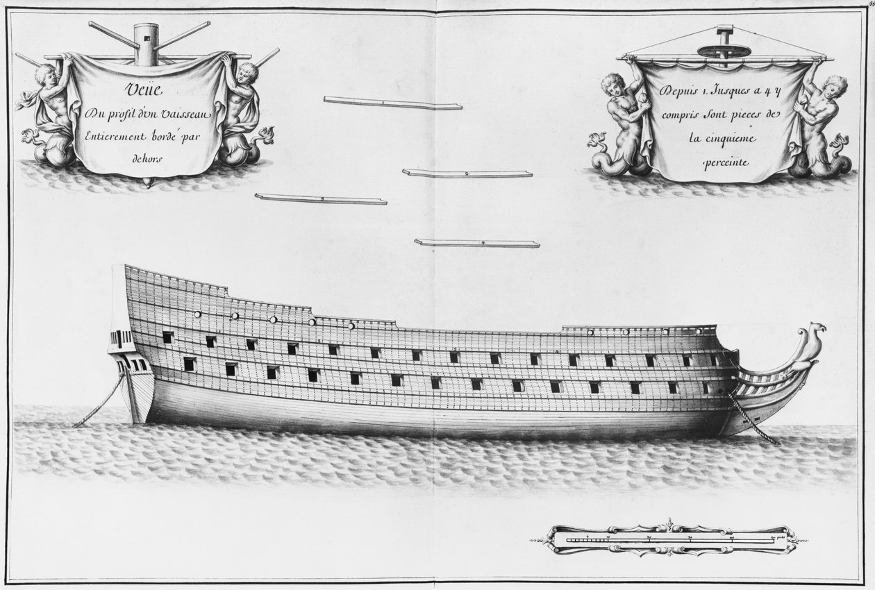 Perfil de um navio inteiramente planked, ilustração do &39;Atlas de Colbert&39;, placa 35 (lápis e wc no papel) de French School