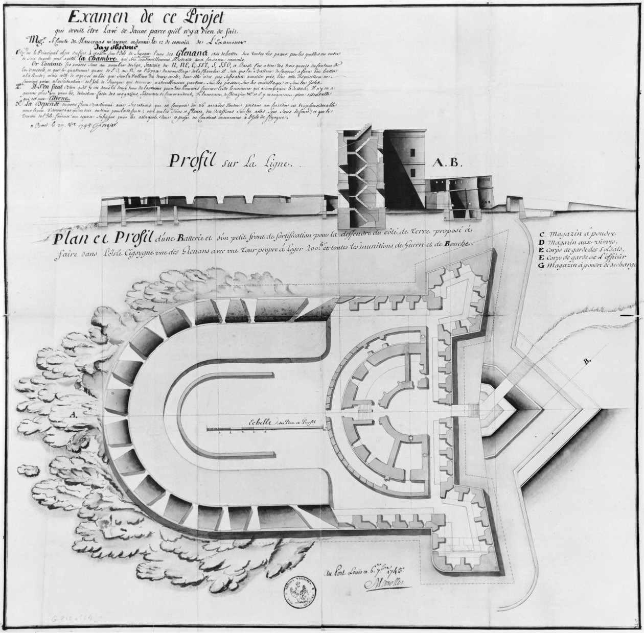 Projeto de um forte na Ile Cigogne, Archipel des Glenan, 1745 (lápis e wc no papel) de French School