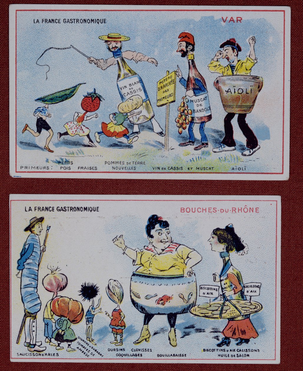 Cartões promocionais e educativos para crianças que retratam as especialidades gastronómicas das regiões de Var e Bocas do Ródano, c.1910 de French School