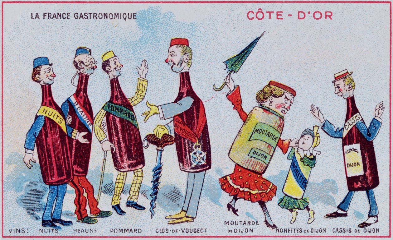 Cartão promocional e educativo para crianças representando especialidades alimentares da região Cote-DOr, c.1910 de French School