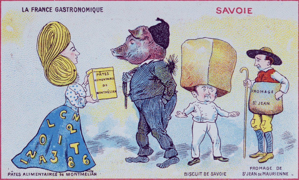 Cartão promocional e educativo para crianças que retratam as especialidades gastronómicas da região da Saboia, c.1910 de French School
