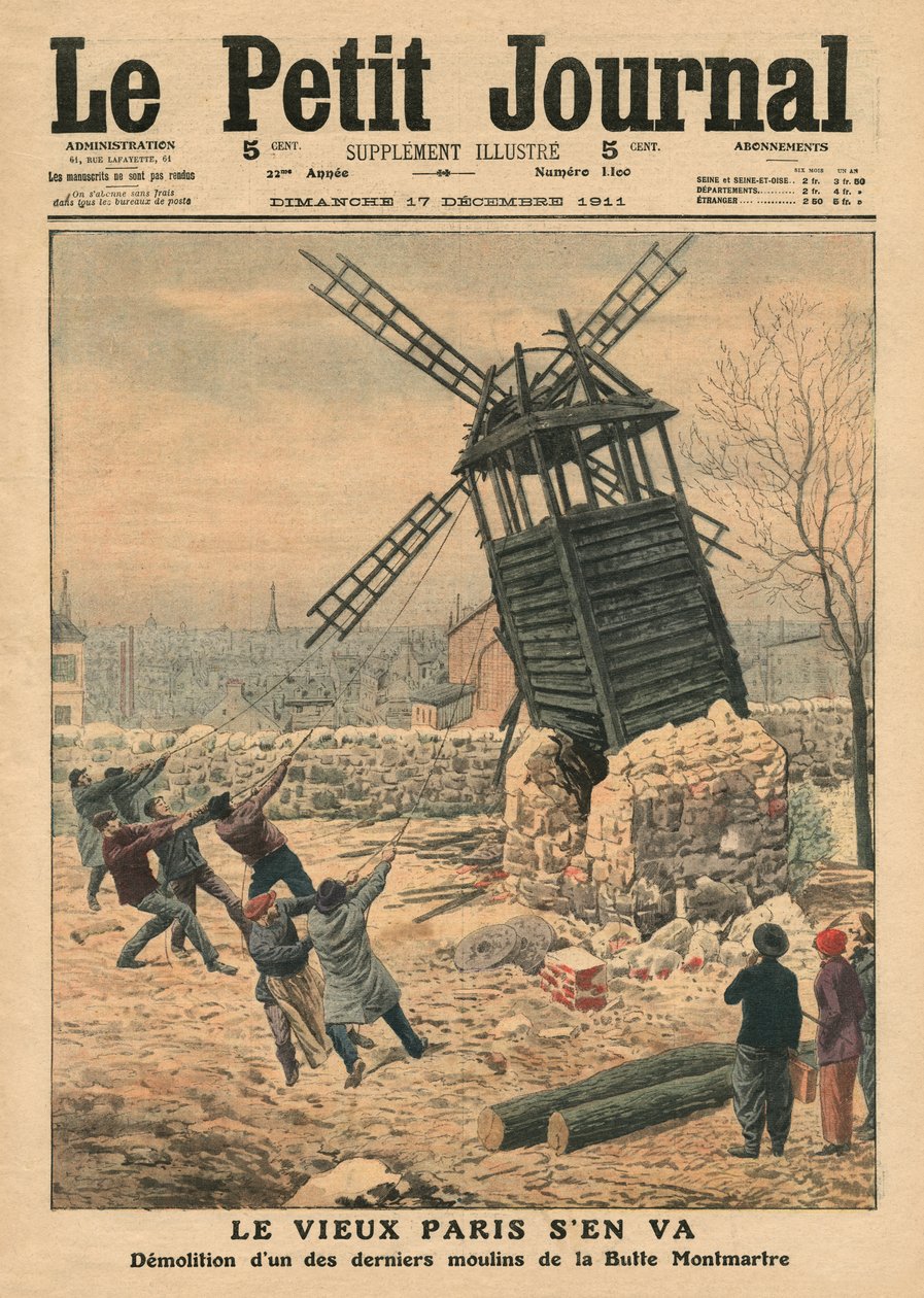 Puxando para baixo um dos últimos moinhos de vento no Butte Montmartre, ilustração de &39;Le Petit Journal&39;, suplemento ilustre, 17 de dezembro de 1911 de French School