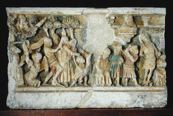 Relevo retratando cenas da paixão de Cristo: a prisão e a flagelação de French School