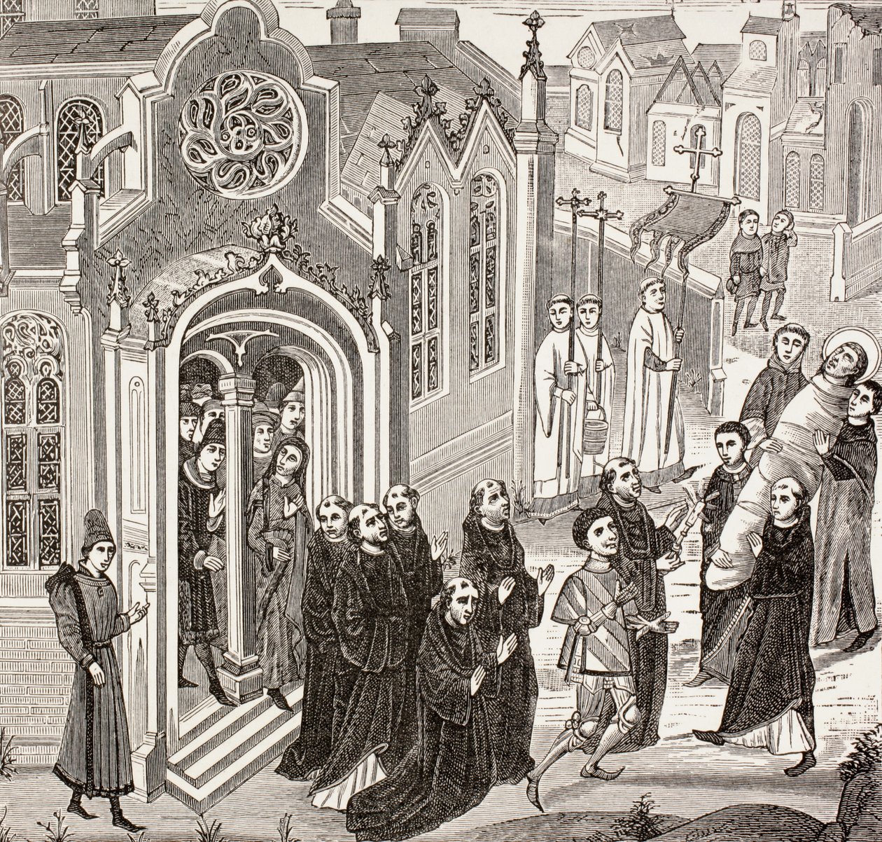 Remoção do corpo de Maria Madalena para a Abadia de Vezelay, de "A vida militar e religiosa na Idade Média", de Paul Lacroix, publicada em Londres, c.1880 de French School
