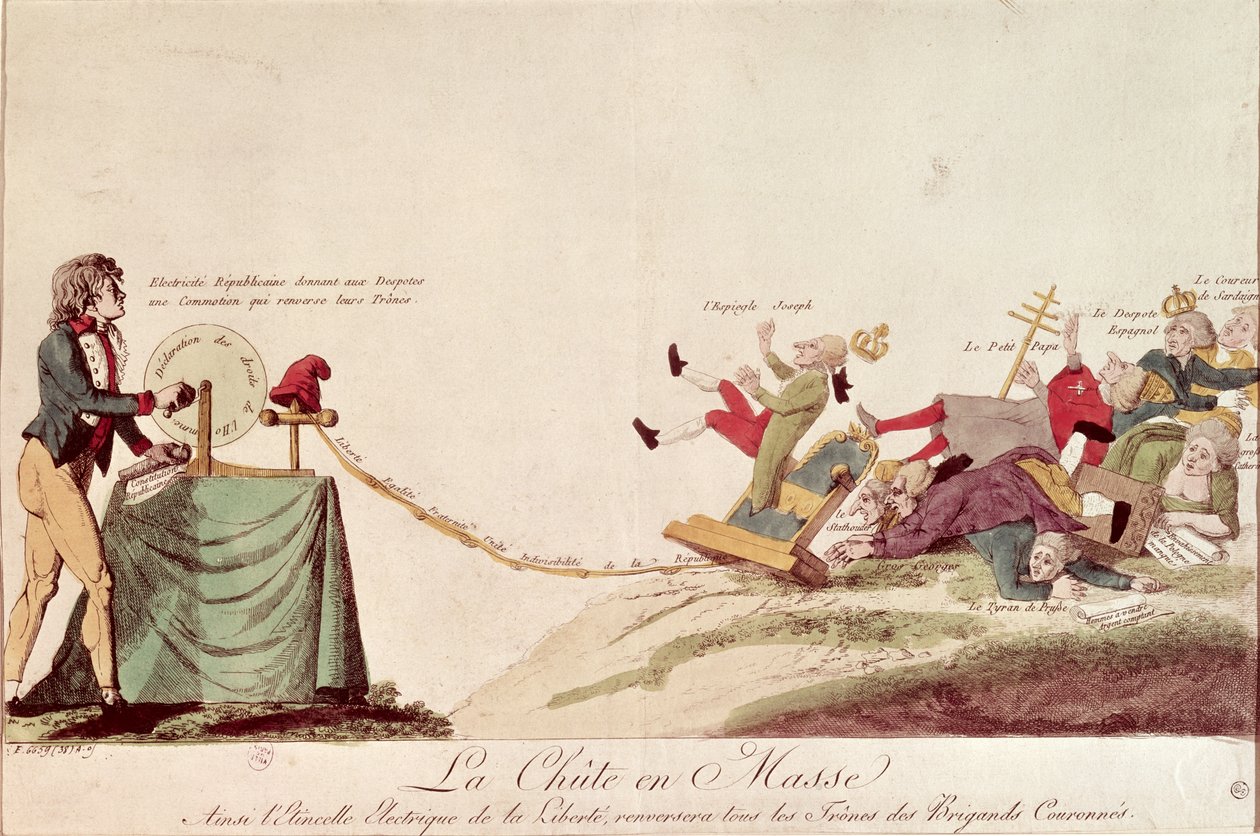Desenhos animados revolucionários que descrevem "A faísca elétrica da liberdade que derrubará os tronos de todos os monarcas corruptos", 1793 de French School