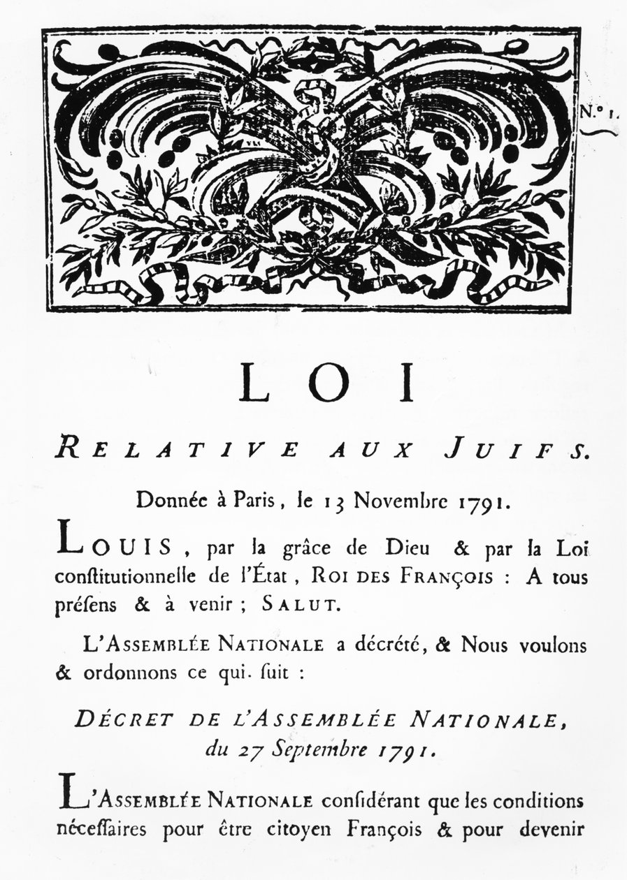 Decreto Real de emancipação para todos os judeus na França, por decreto da Assembléia Nacional, 27 de setembro de 1791 (fac-símile) (ver também 695056) de French School