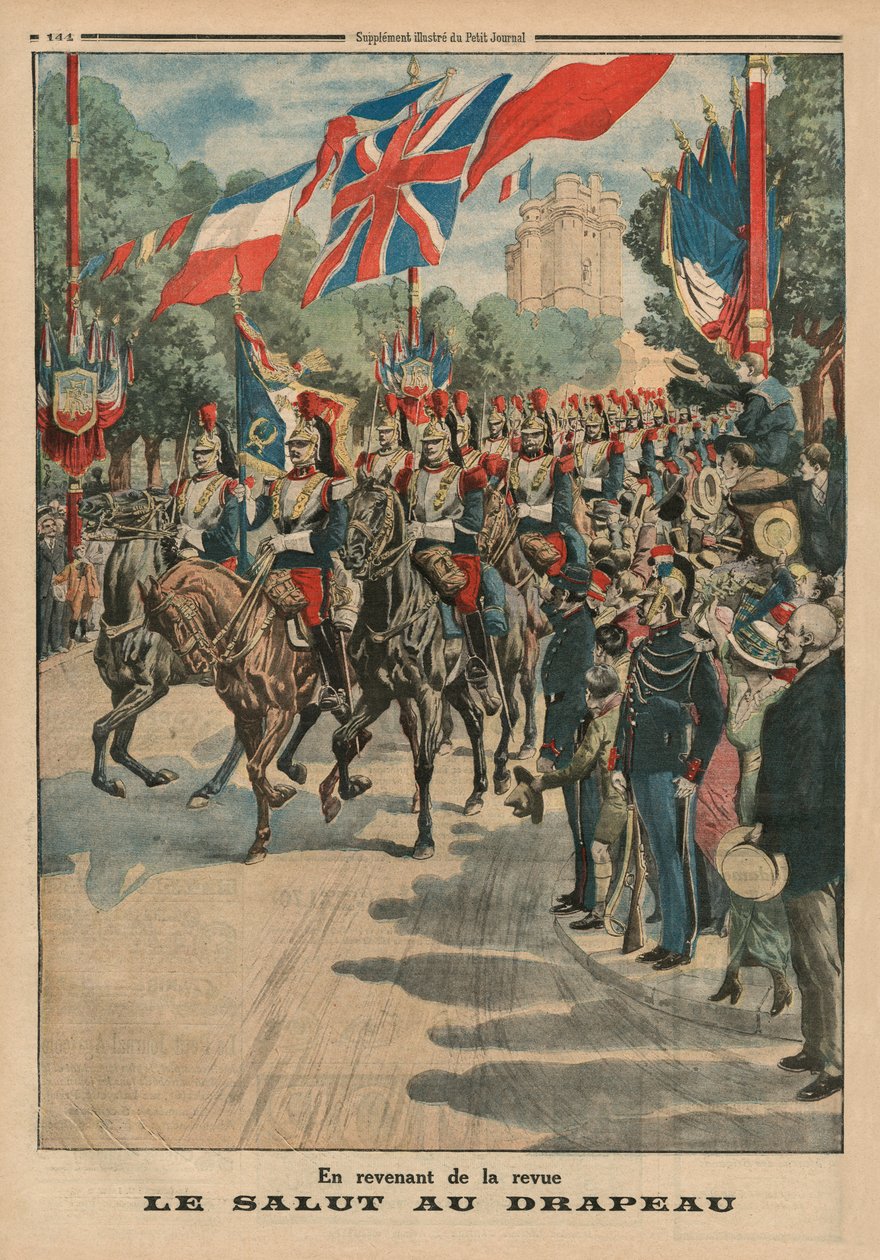 Saudando as cores, ilustração de capa de &39;le Petit Journal&39;, suplemento ilustrado, 3 de maio de 1914 (cor lito) de French School