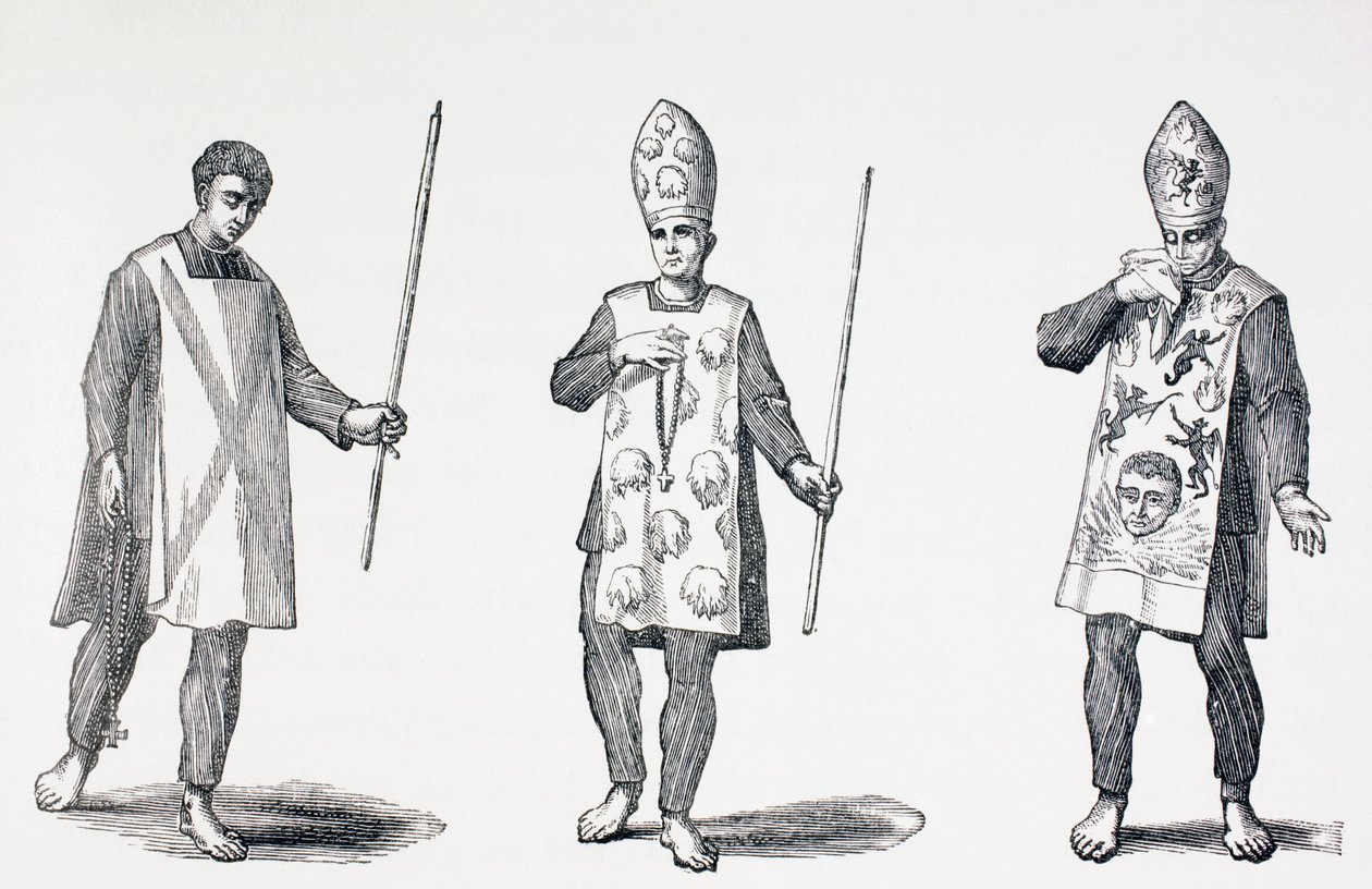 Sambenitos usados pelos penitentes de Auto-da-Fe, de "A vida militar e religiosa na Idade Média", de Paul Lacroix, publicado em Londres, c.1880 de French School